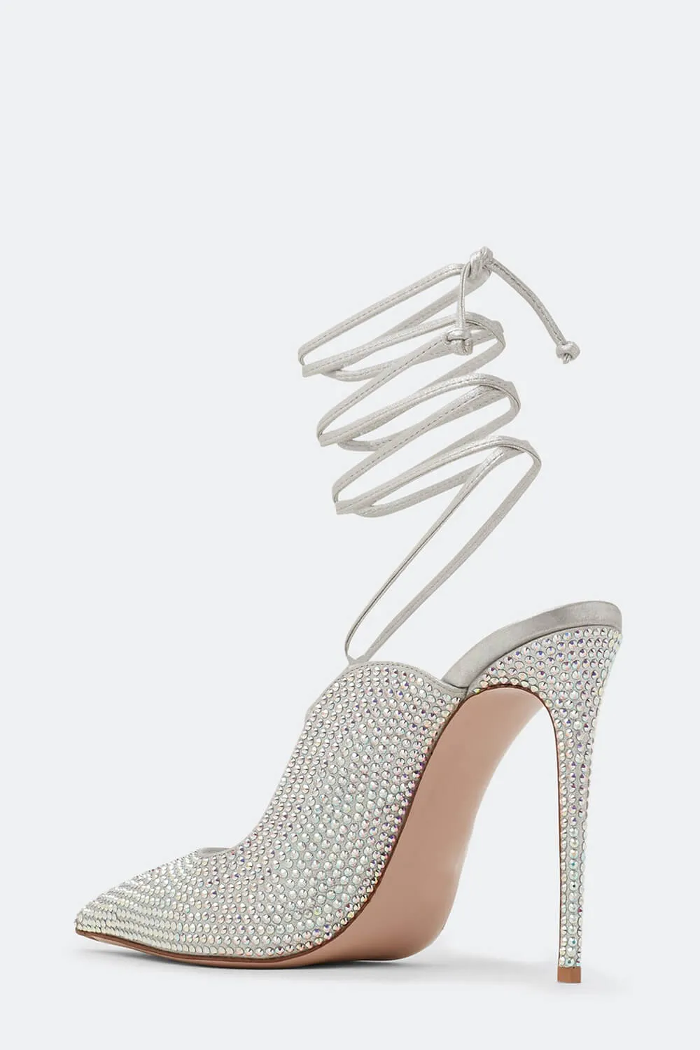 Crystal Embellished Lace Up Pointed Toe Court Stiletto Heel - Silver sold by Floralkini product image thumbnail 2
