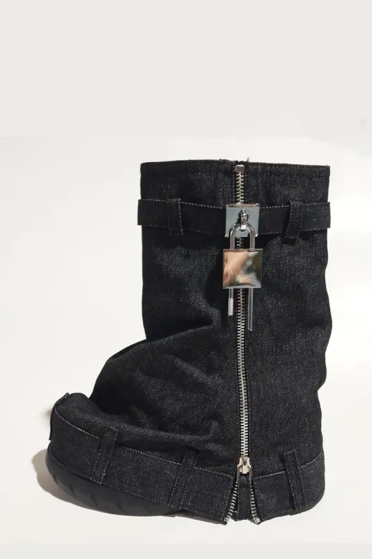 Wrapped Denim Padlock Detail Folded Wedge Heel Mid Calf Chunky Biker Boots - Black sold by Floralkini