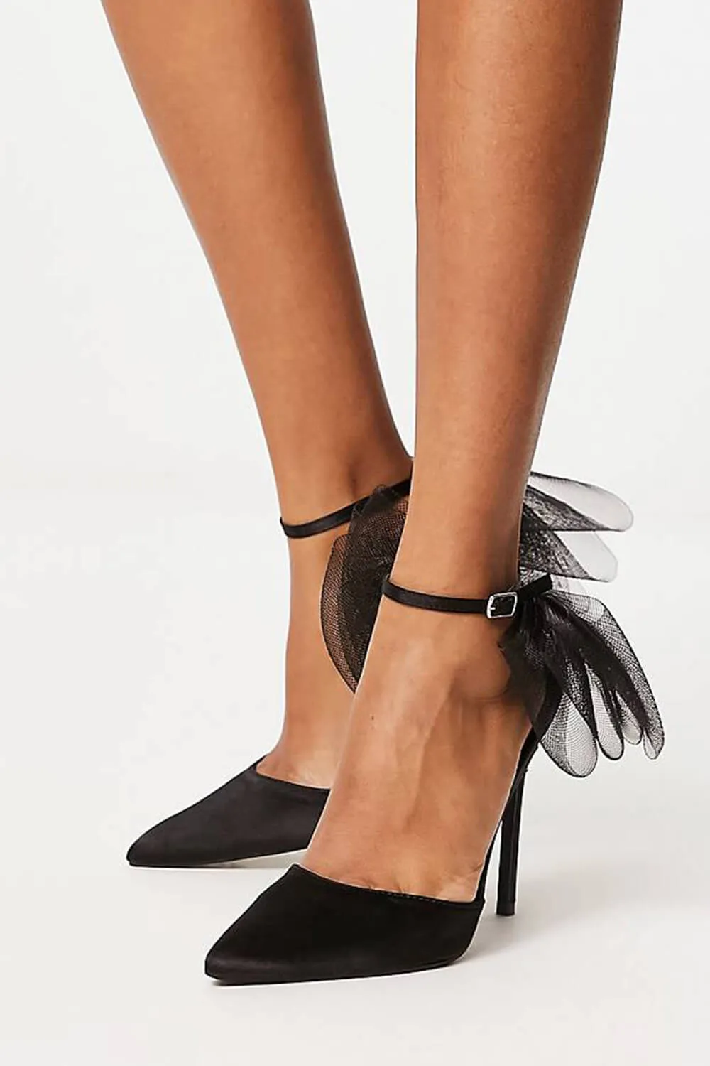Tulle Bow Ankle Strap Pointed Toe High Heel Sandal - Black sold by Floralkini product image thumbnail 3
