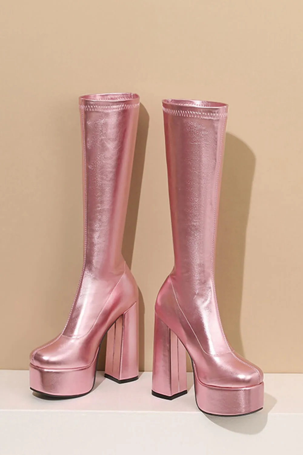 Metallic Faux Leather Platform Block Heel Knee High Boots - Pink sold by Floralkini product image thumbnail 2