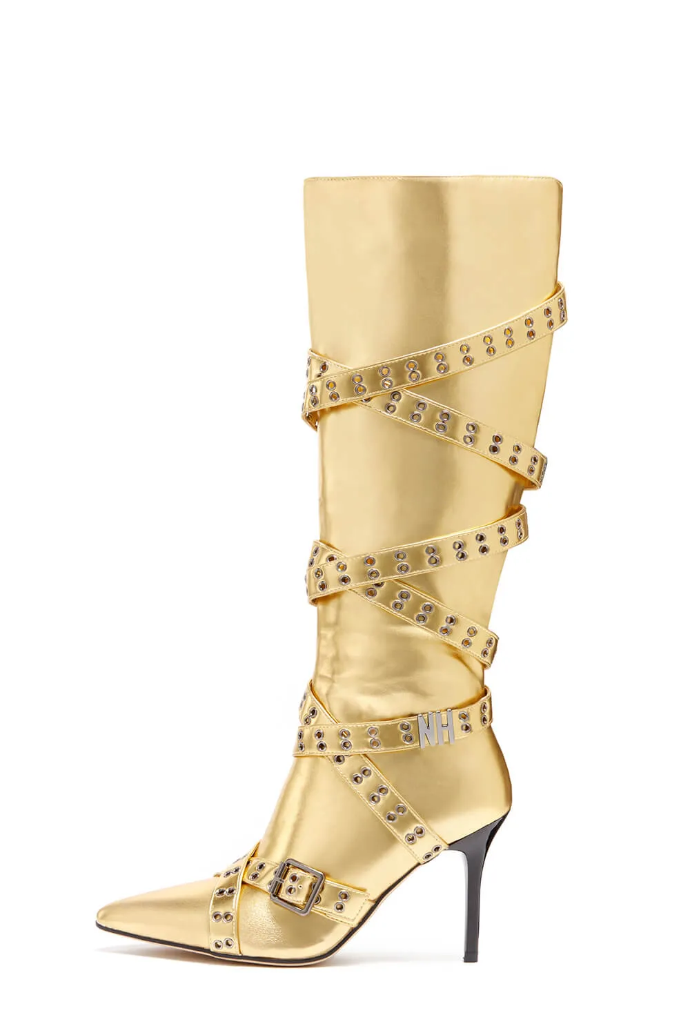 Strap Belt Pointed Toe Knee High Stiletto Boots With Buckle Details - Metallic Gold sold by Floralkini