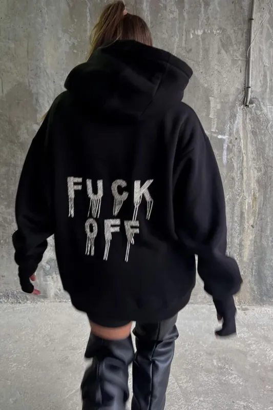 Black Crystal-Embellished 'F*Ck Off' Oversized Pullover Hoodie sold by Floralkini