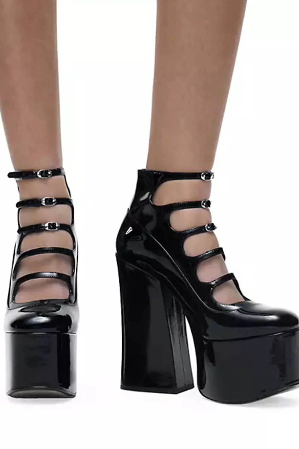 Faux Leather Multi Strap Fastened Up Platform Ankle Boots - Black sold by Floralkini