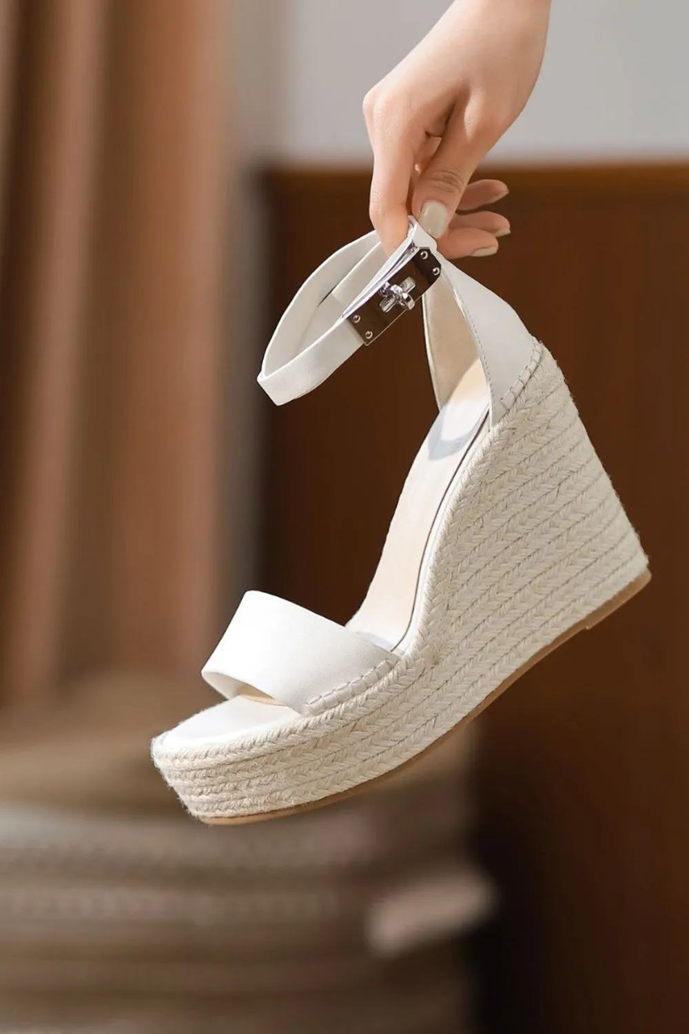 Espadrille Wide Fit Open Toe Platform Wedge Sandals - White sold by Floralkini
