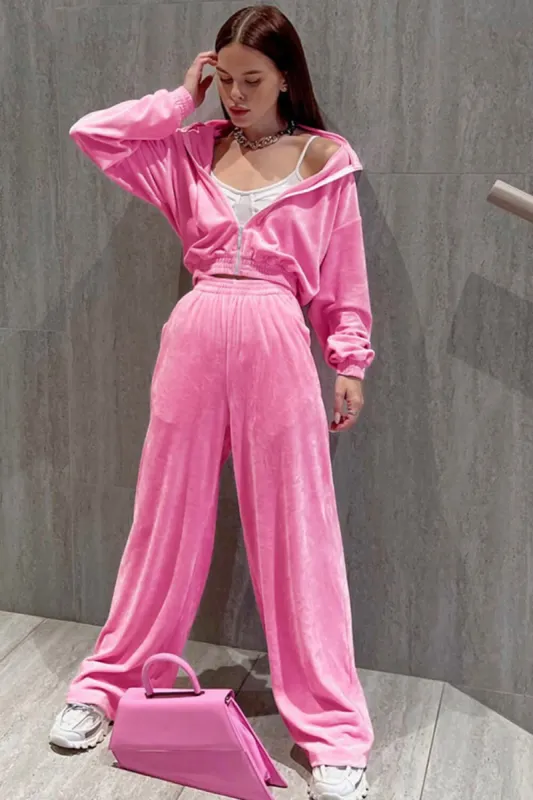 Velour Zip Through Hoodie And Relaxed Track Pants Set sold by Floralkini