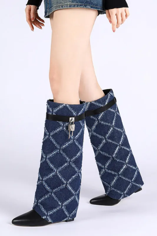 Denim Padlock Detail Fold Over Pointed Toe Wedge Heeled Boots - Dark Blue sold by Floralkini