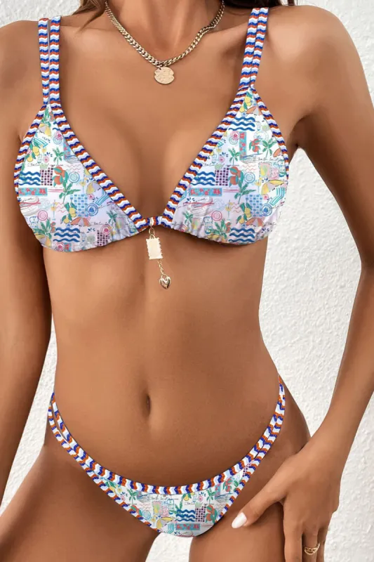Vacation Printed Triangle Tie Back Bikini Set sold by Floralkini