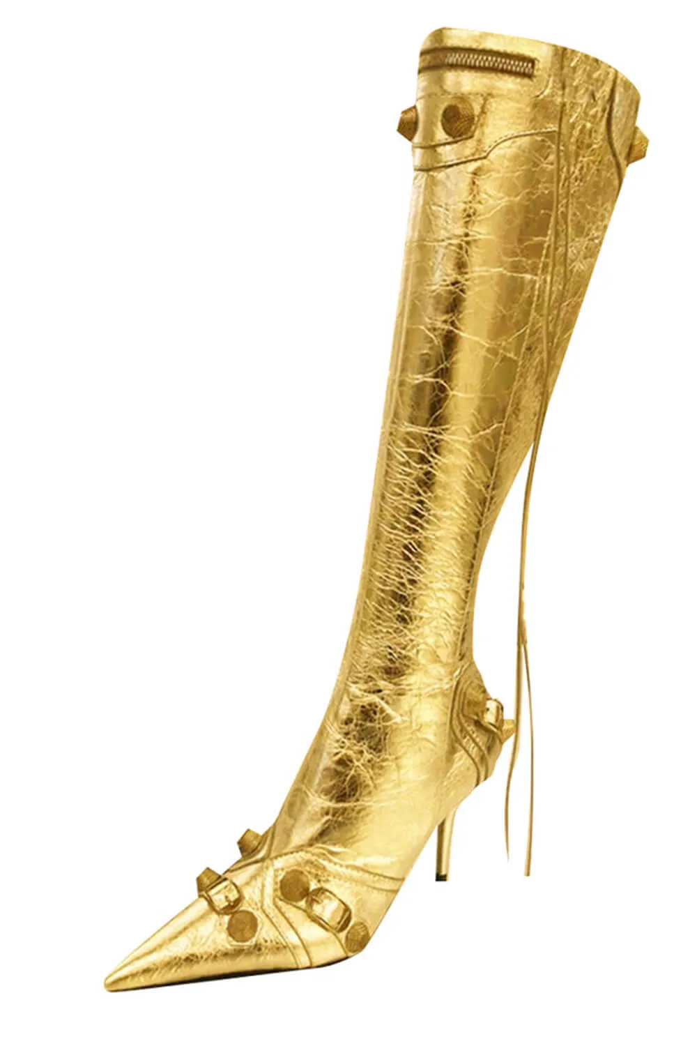 Metallic High Pointed Toe Stiletto Boots With Studs And Pin Buckle Strap Details - Gold sold by Floralkini product image thumbnail 2
