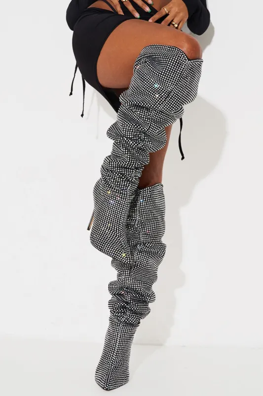 Diamante Rhinestone-Embellished Point Toe Over The Knee Slouch Stiletto Heeled Boots - Silver sold by Floralkini