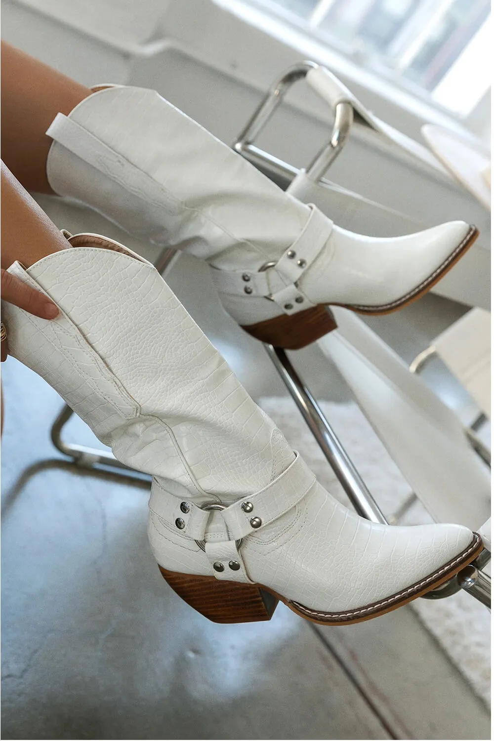 White Buckle Strap Detail Mid-Calf Western Cowgirl Boots sold by Floralkini