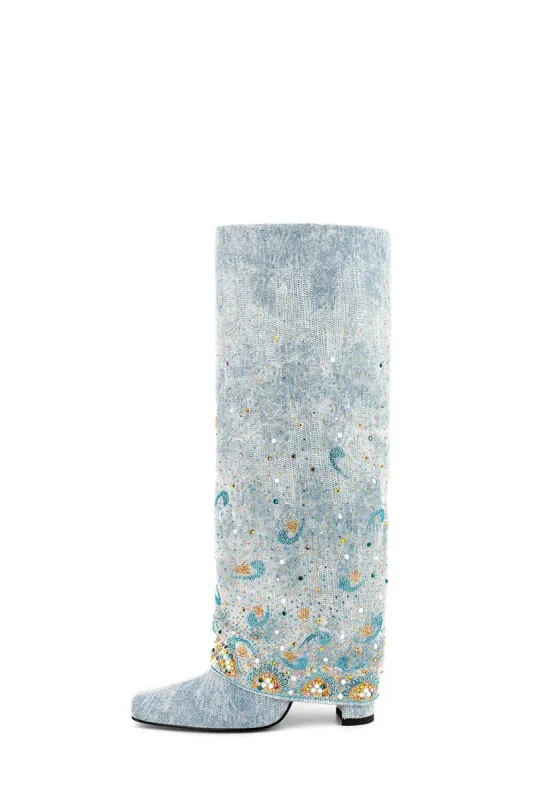 Denim Folded Crystal Knee High Square Toe Block Heel Long Boots sold by Floralkini