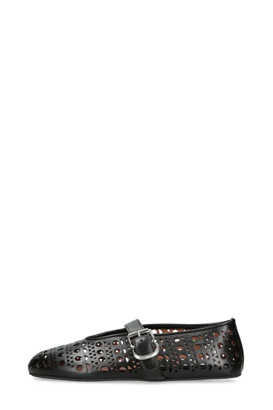 Faux Leather Laser-Cut Buckled Ballet Flats - Black sold by Floralkini