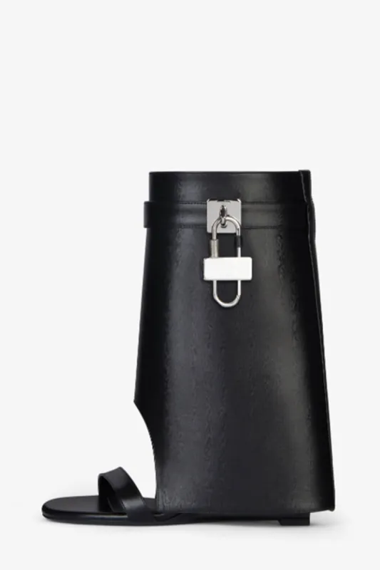 Leather Padlock Folded Cutout Wedge Heeled Sandals - Black sold by Floralkini