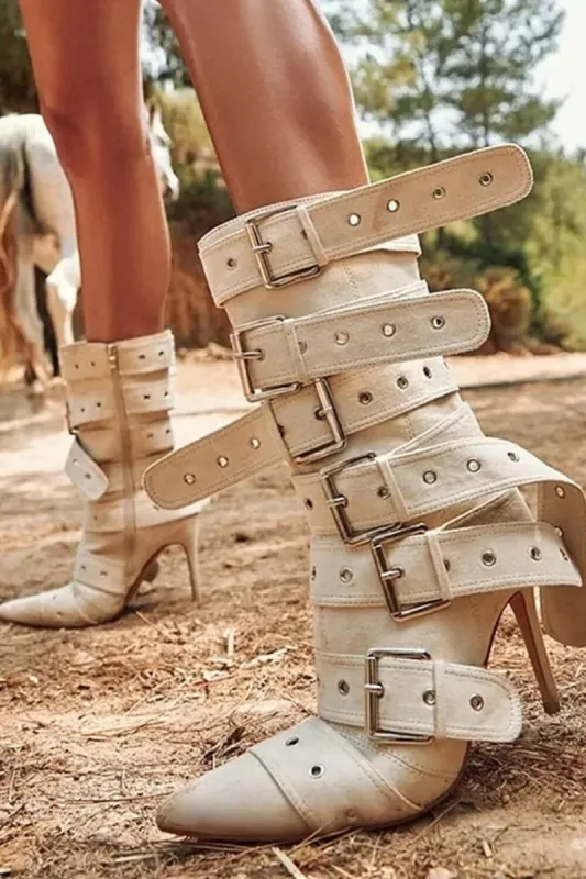 Multi Buckle Pointed Toe Above The Ankle High Heel Boots - Nude sold by Floralkini