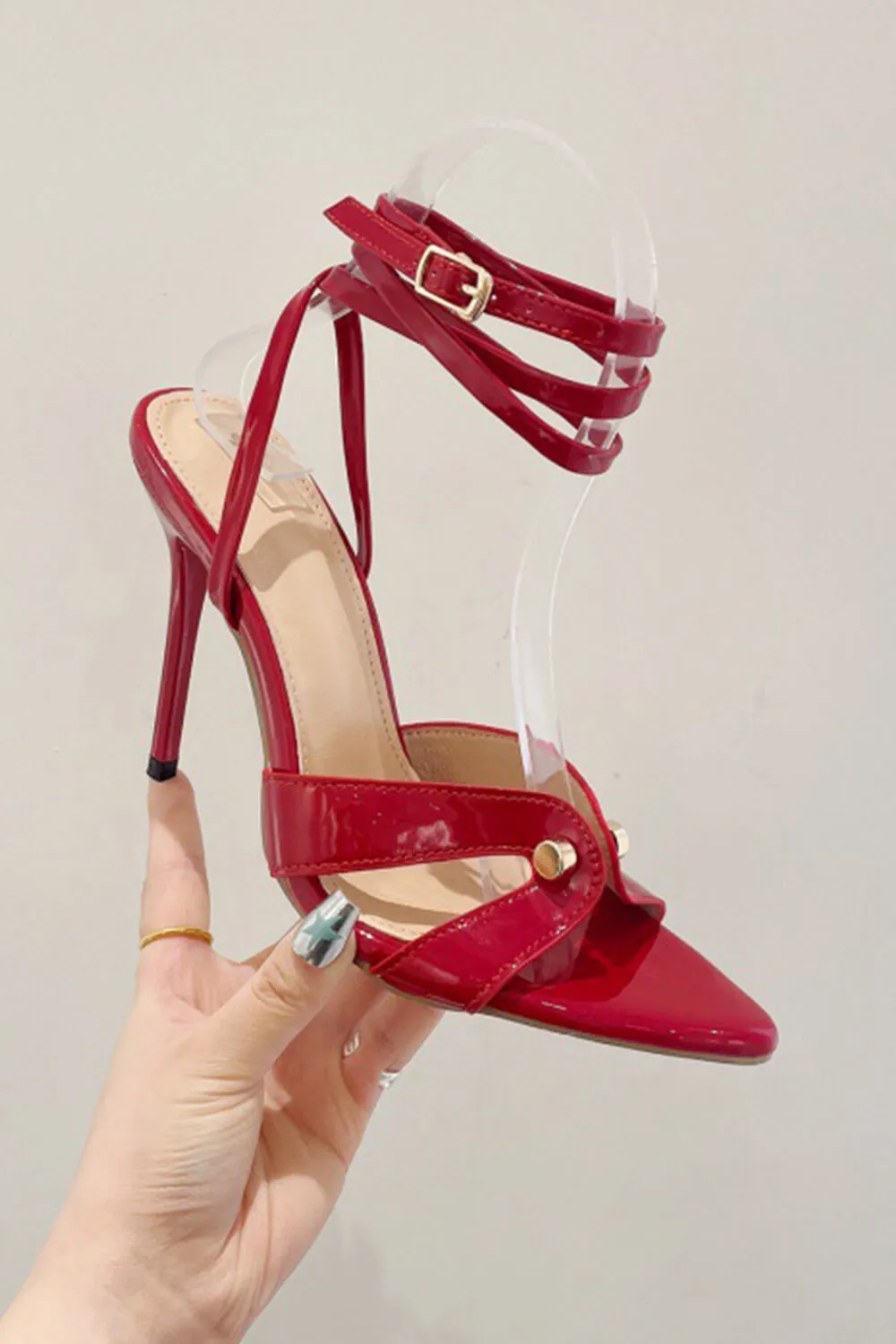 Patent Lace Up Pointed Toe Stiletto Heels - Dark Red sold by Floralkini product image thumbnail 4