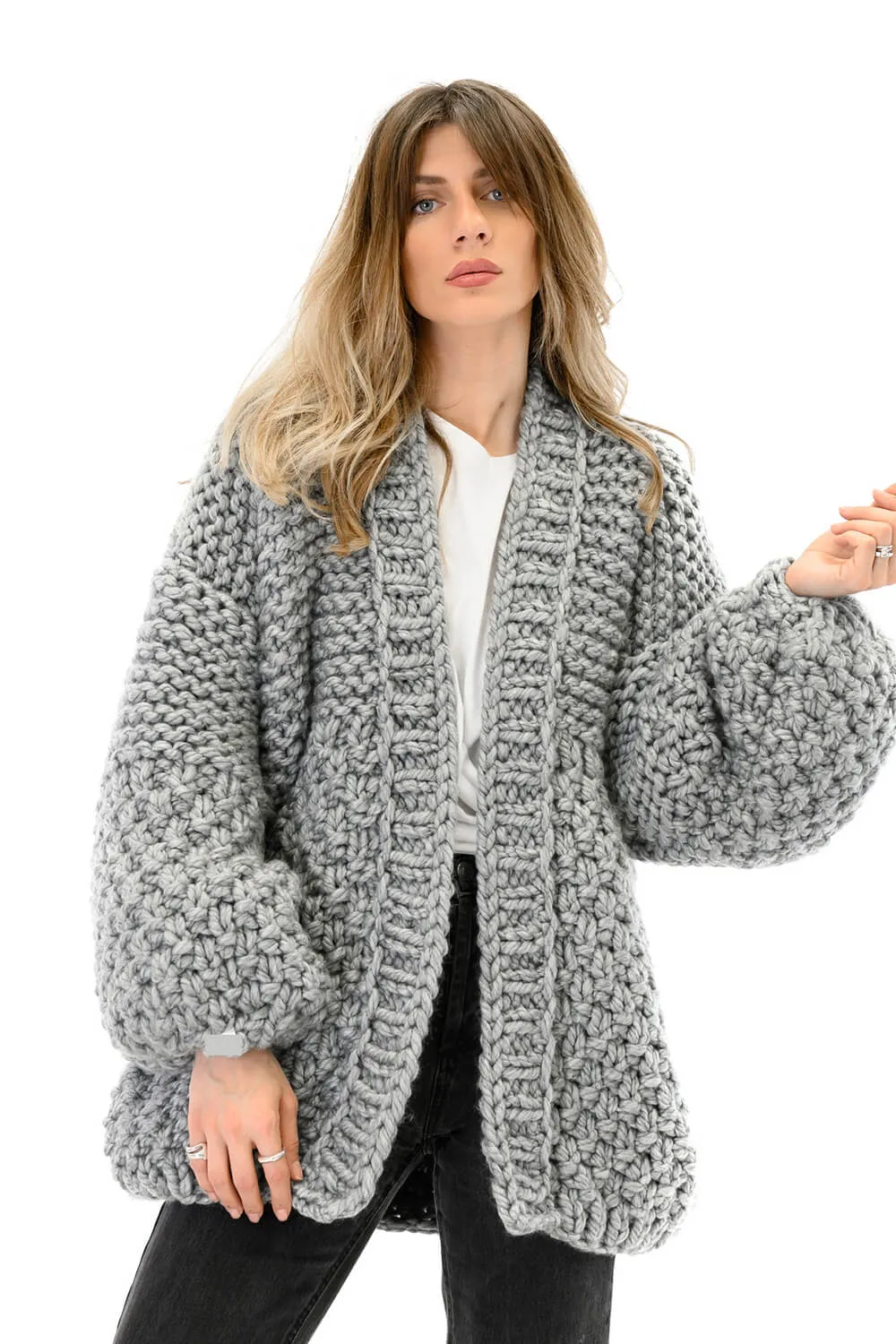 Balloon Sleeve Open Front Chunky Knit Cardigan sold by Floralkini product image thumbnail 4