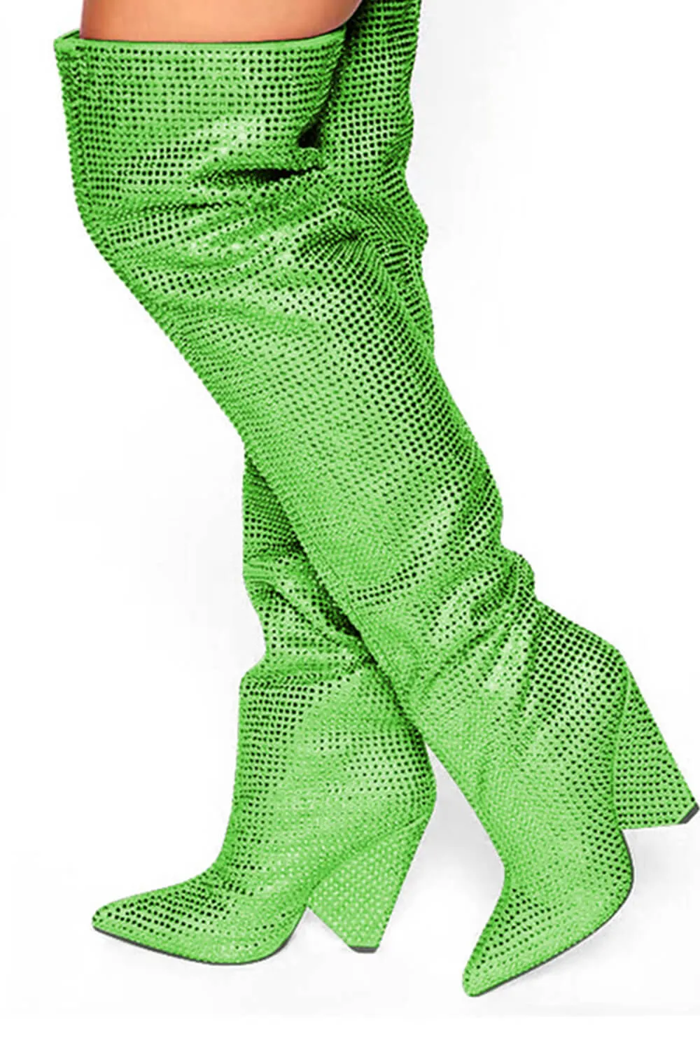 Diamante Crystal-Embellished Point Toe Over The Knee Block Heeled Boots - Lime sold by Floralkini