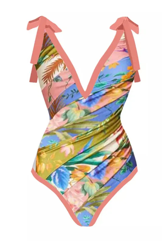 Floral Print Plunge Tie-Shoulder One Piece Swimsuit sold by Floralkini