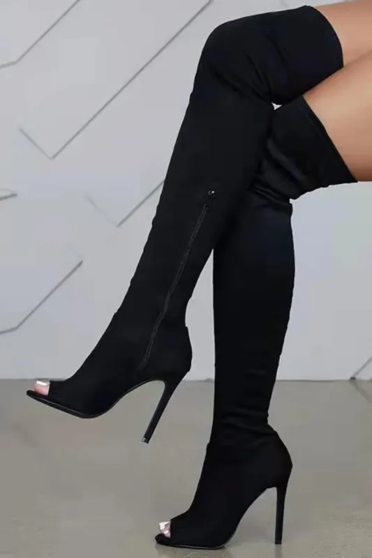 Faux Suede Peep Toe Heeled Over The Knee Boots - Black sold by Floralkini
