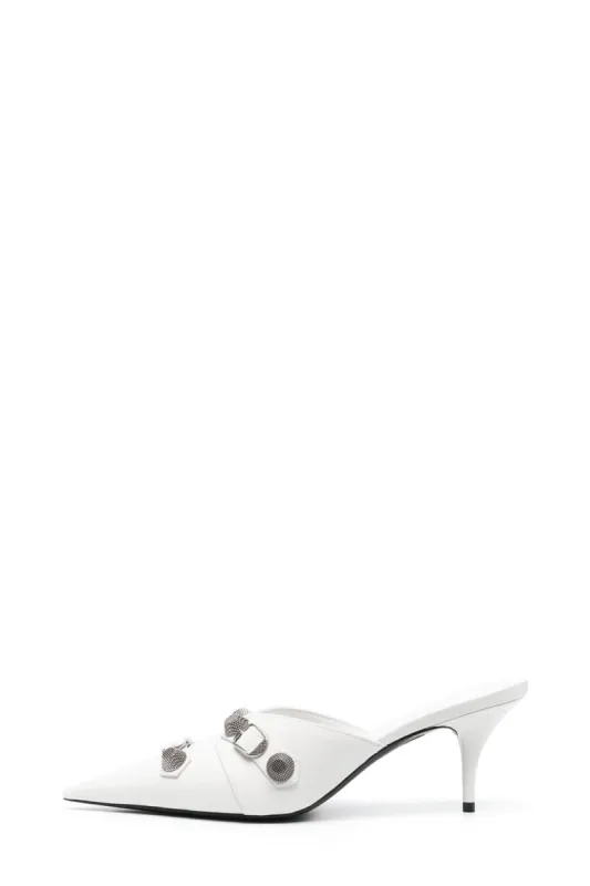 Pointed Toe Stiletto Mules With Studs And Pin Buckle Strap Details - White sold by Floralkini