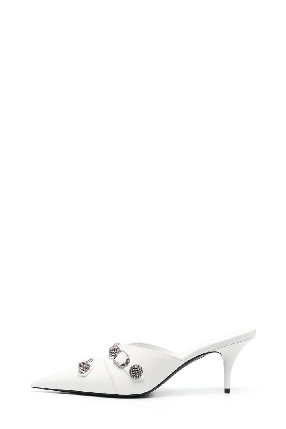 Pointed Toe Stiletto Mules With Studs And Pin Buckle Strap Details - White sold by Floralkini