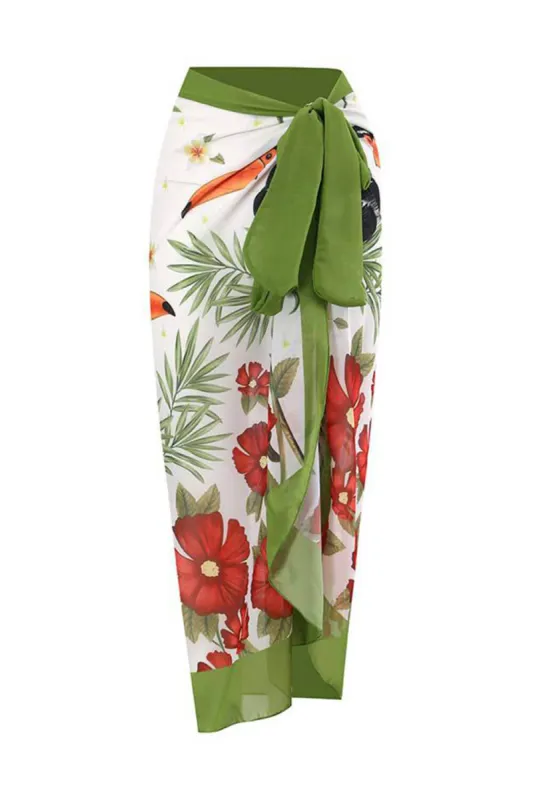 Toco Toucan & Floral Print Sarong Wrap Midi Skirt sold by Floralkini
