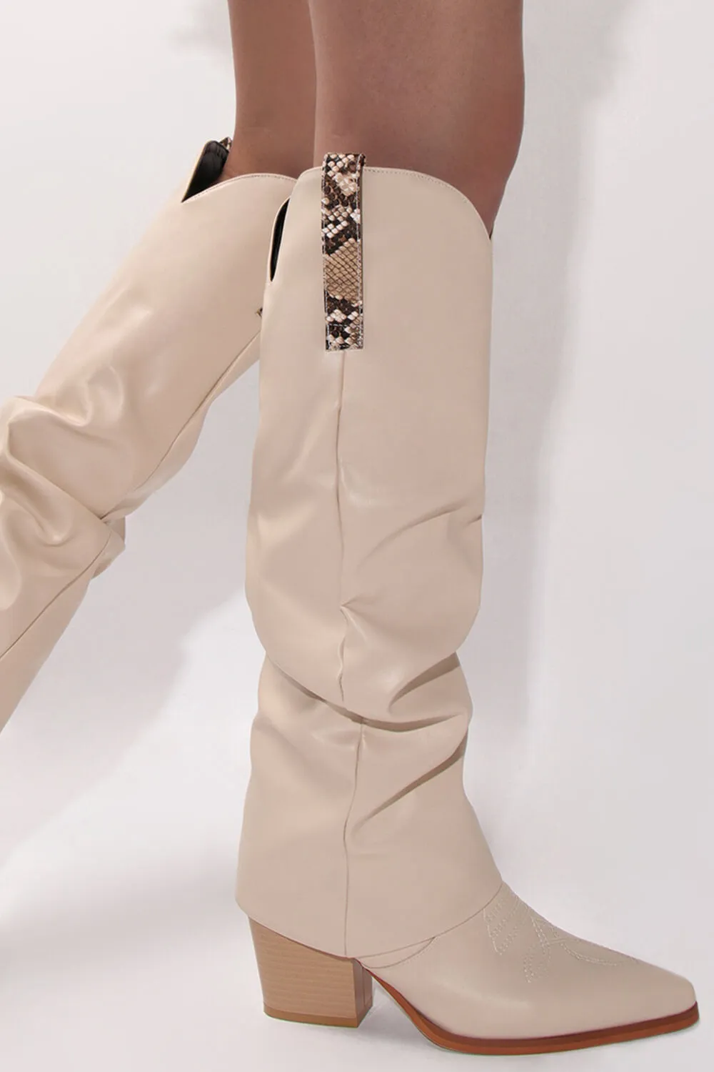 Faux Leather Pointed Toe Western Foldover Knee-High Boots - Beige sold by Floralkini product image thumbnail 5