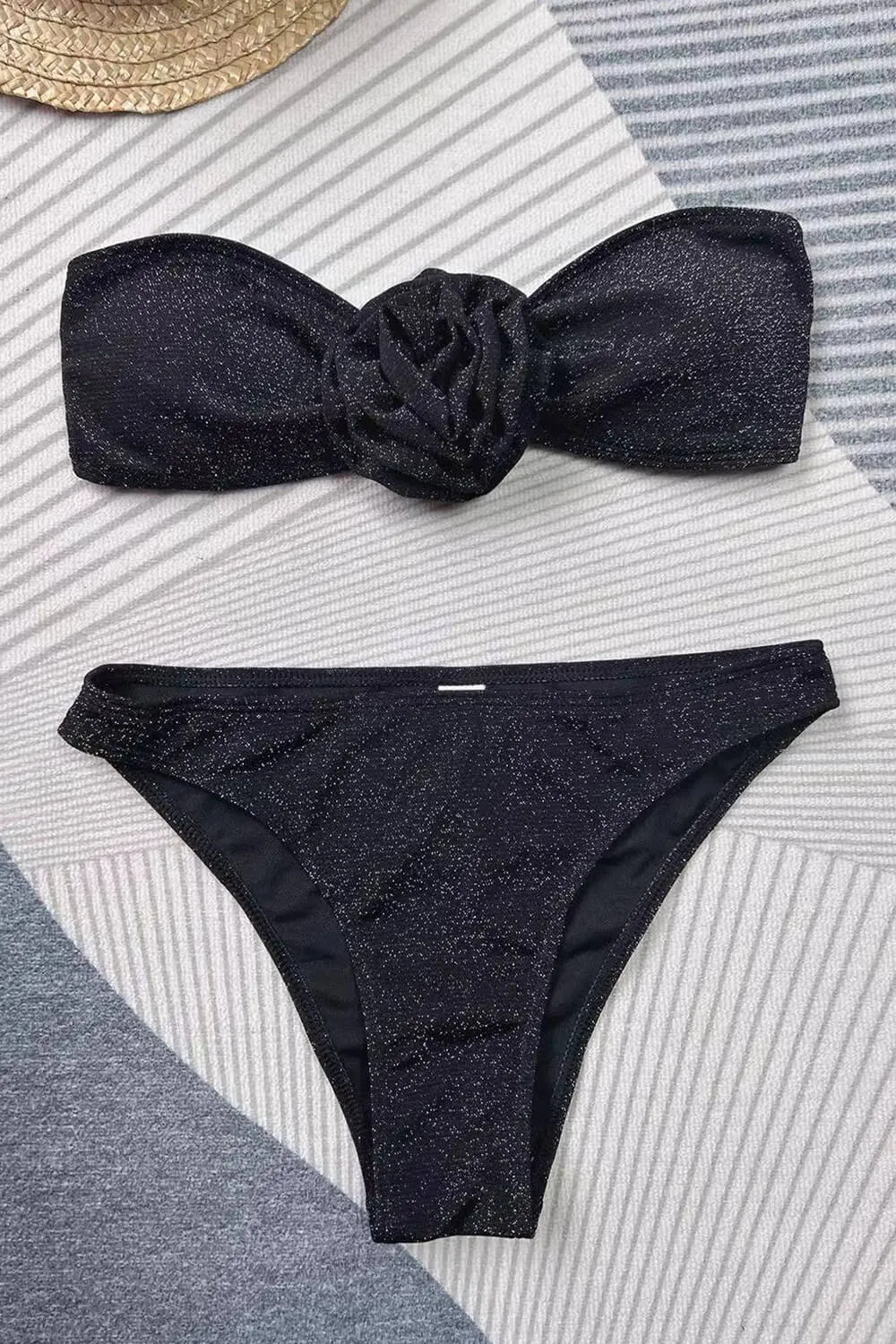 Shimmer Black Rose Applique Bandeau High Leg Bikini Set With Asymmetrical Sarong sold by Floralkini product image thumbnail 4