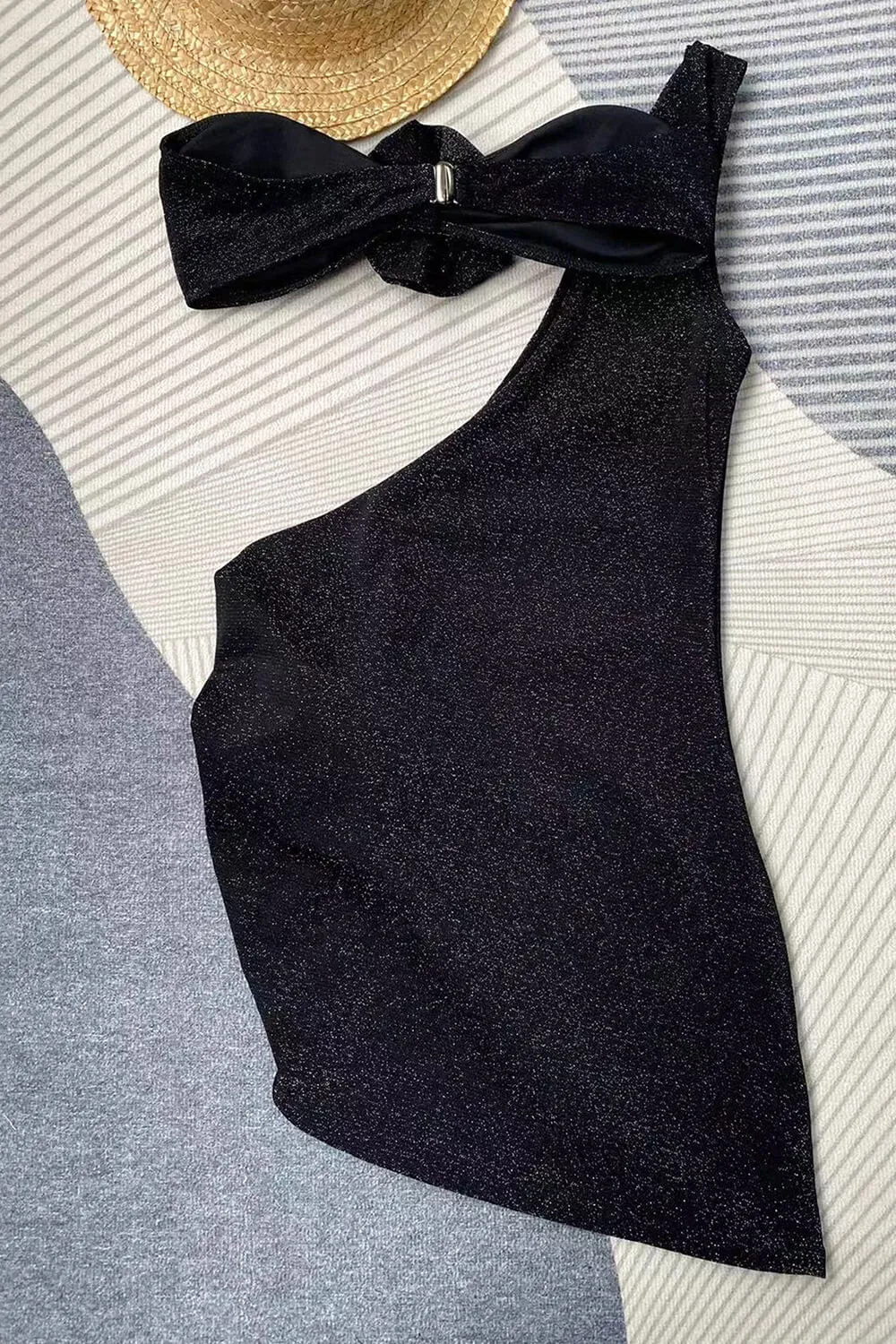 Shimmer Black Rose Applique Bandeau High Leg Bikini Set With Asymmetrical Sarong sold by Floralkini product image thumbnail 5