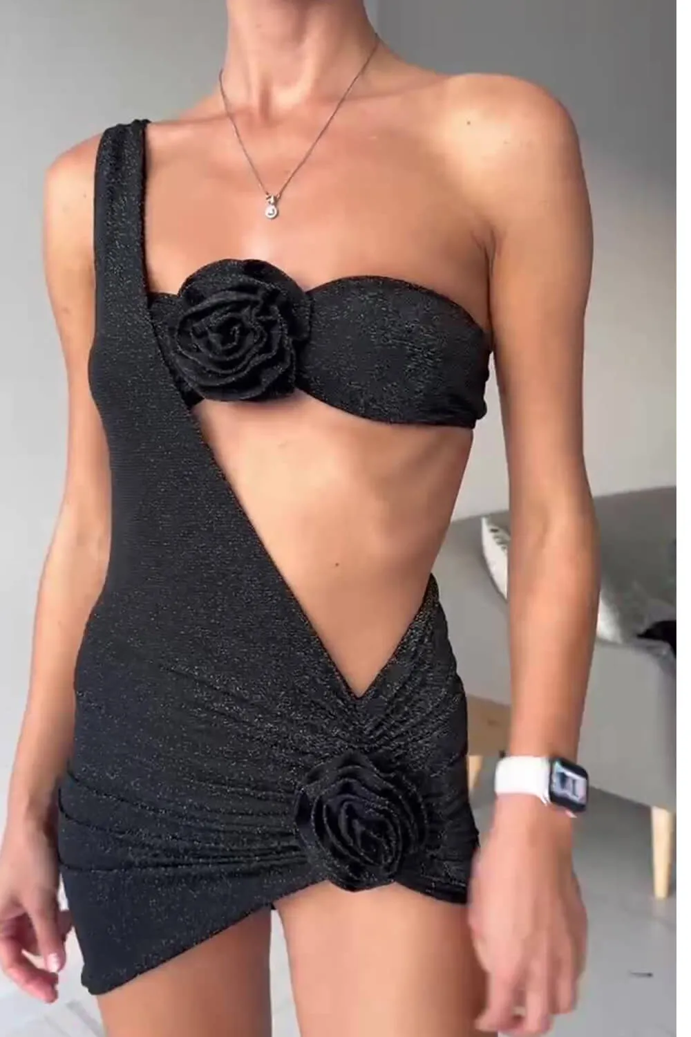 Shimmer Black Rose Applique Bandeau High Leg Bikini Set With Asymmetrical Sarong sold by Floralkini