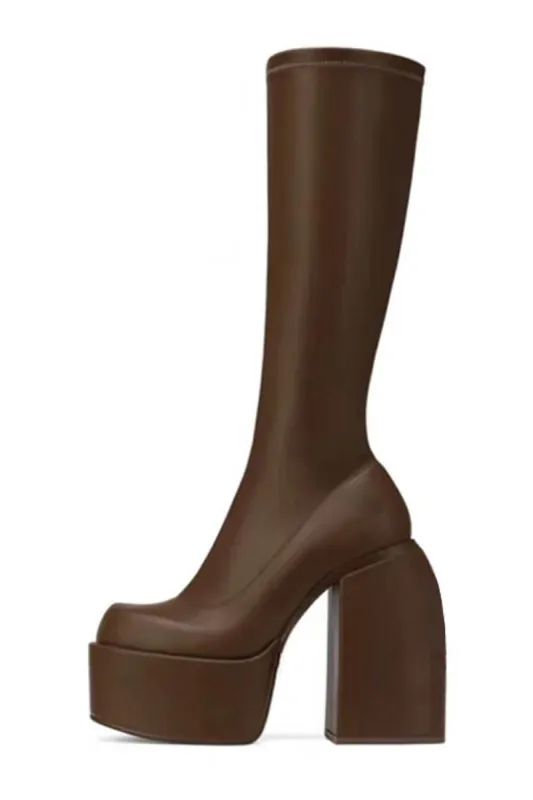 Faux Leather Closed Round Toe Chunky Platform Block Heel Knee High Boot - Chocolate sold by Floralkini