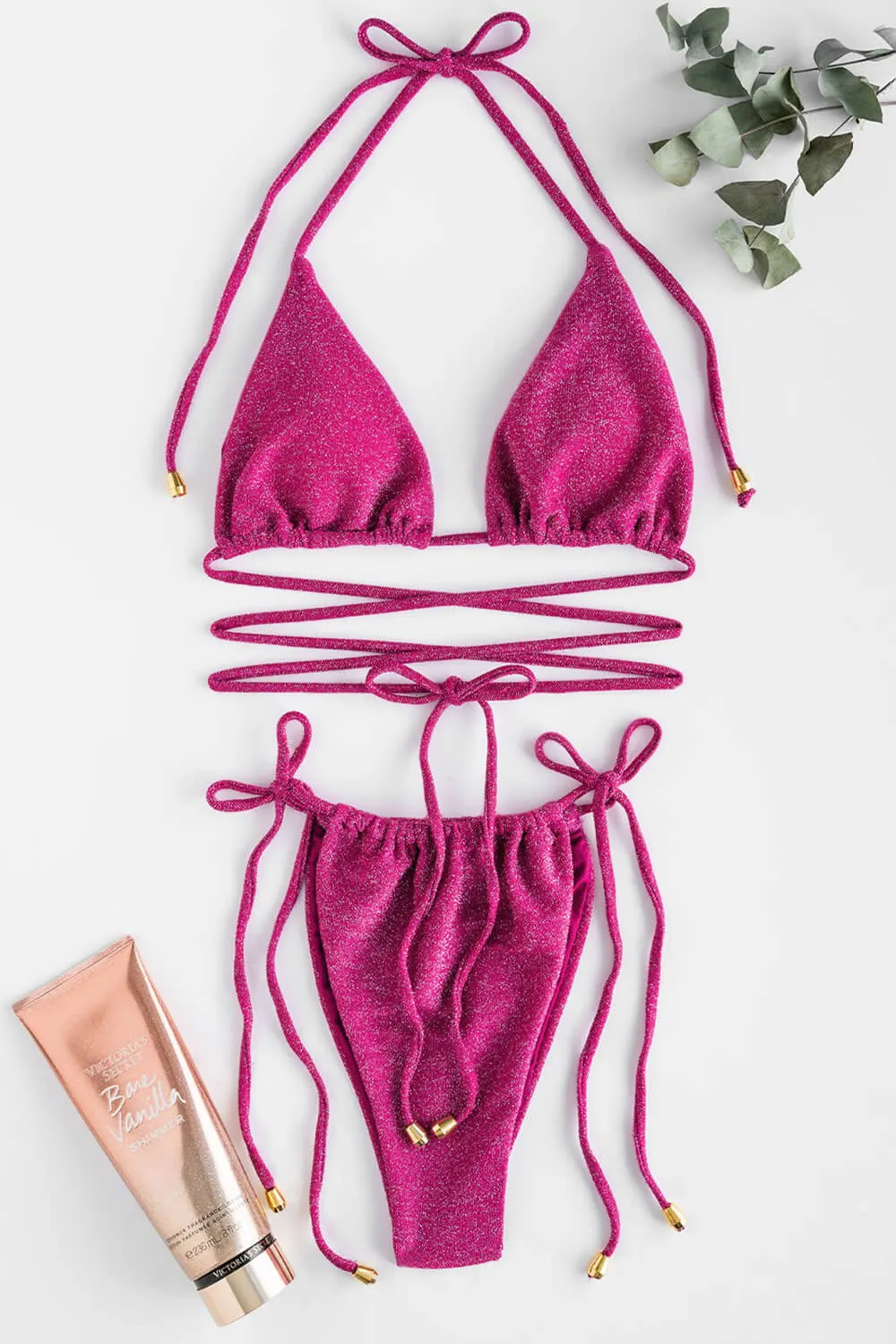 Shimmer Halterneck Triangle Wrap Tie Side Bikini Set - Fuchsia sold by Floralkini product image thumbnail 5
