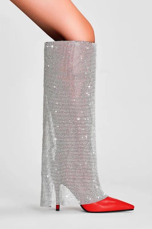 Rhinestone Mesh Overlay Pointed Toe Knee High Stiletto Boots - Red sold by Floralkini