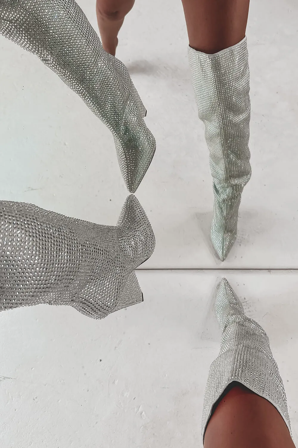 Diamante Crystal-Embellished Point Toe Over The Knee Block Heeled Boots - Silver sold by Floralkini product image thumbnail 3