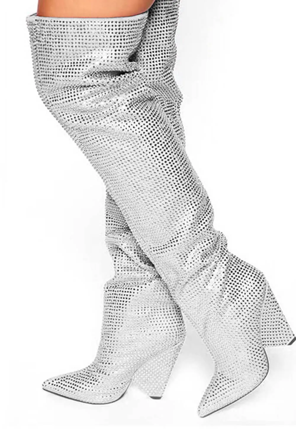 Diamante Crystal-Embellished Point Toe Over The Knee Block Heeled Boots - Silver sold by Floralkini product image thumbnail 4