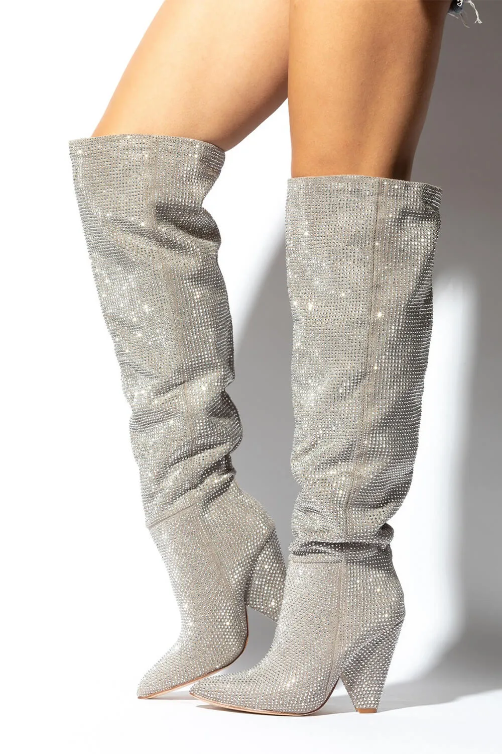 Diamante Crystal-Embellished Point Toe Over The Knee Block Heeled Boots - Silver sold by Floralkini product image thumbnail 5