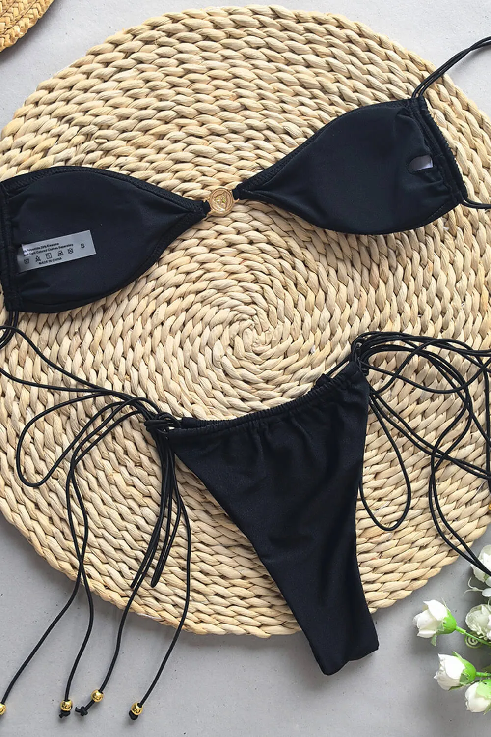 Ruched Strappy Tie Side Bikini Set With Golden Ring Details - Black sold by Floralkini product image thumbnail 5