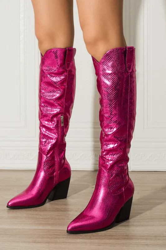 Metallic Python Western Cowgirl Pointed Toe Knee High Boot - Hot Pink sold by Floralkini