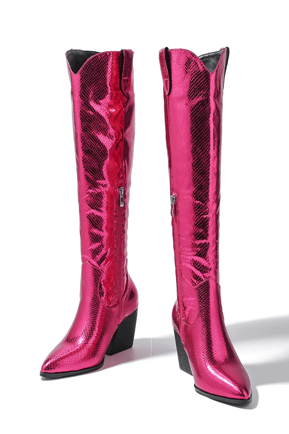 Metallic Python Western Cowgirl Pointed Toe Knee High Boot - Hot Pink sold by Floralkini product image thumbnail 5