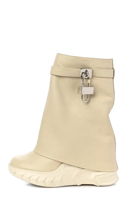 Grained Faux Leather Padlock Detail Folded Chunky Sole Biker Ankle Boots - Beige sold by Floralkini