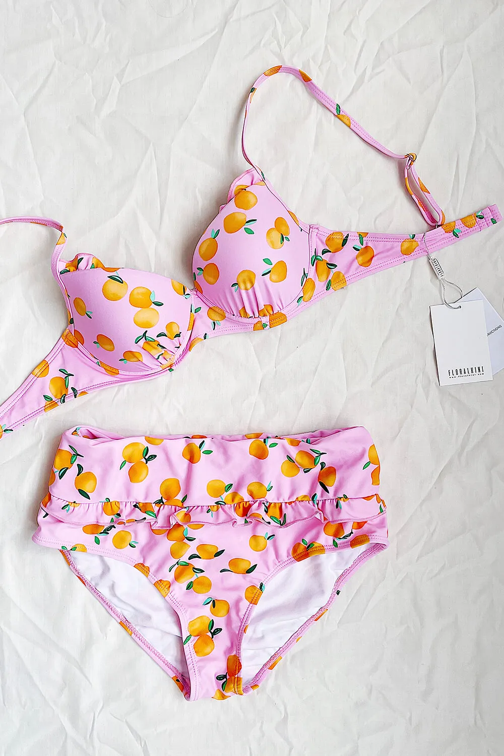 Peach Print Ruffle Trim High Waisted Bikini Bottom sold by Floralkini product image thumbnail 4