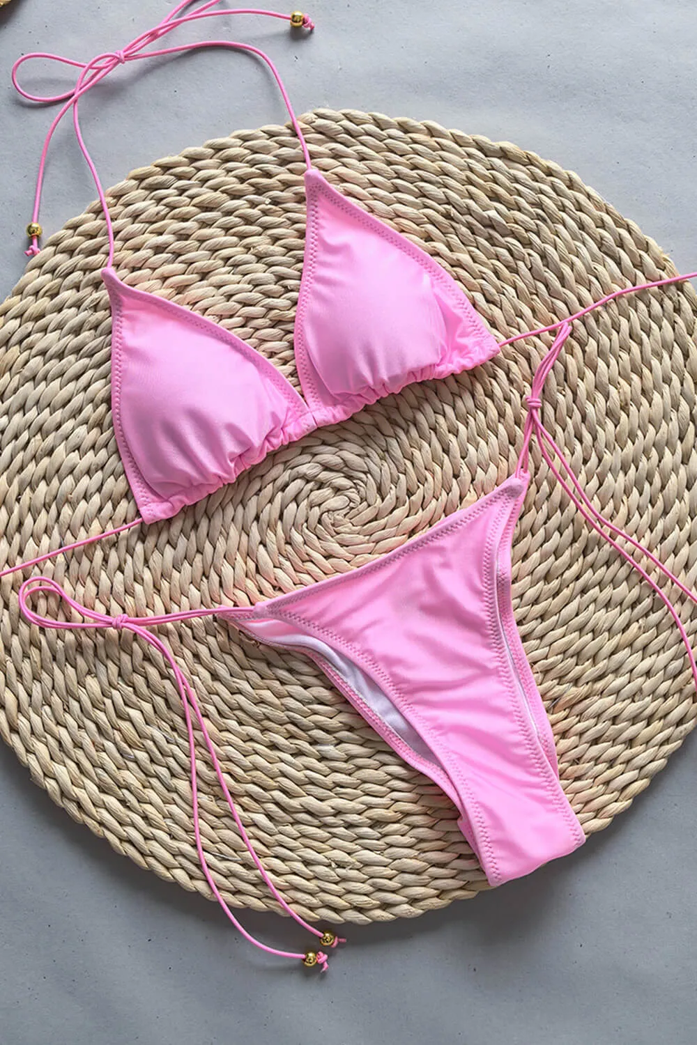 Triangle Halter Adjustable Tie High Cut Bikini Set - Pink sold by Floralkini product image thumbnail 4