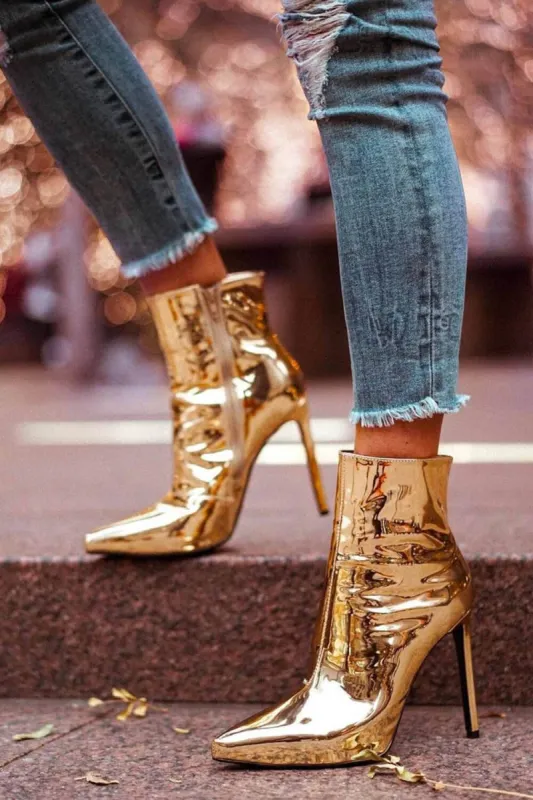 Metallic Gold Pointed Stiletto Heeled Ankle Boots sold by Floralkini