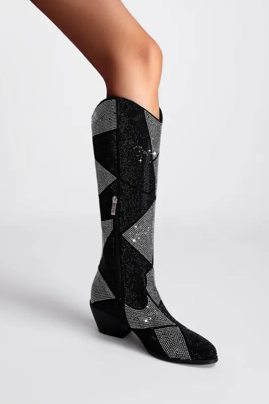 Rhinestones Embellished Faux Leather Western Cowboy Pointed Toe Block Heeled Knee High Boots sold by Floralkini
