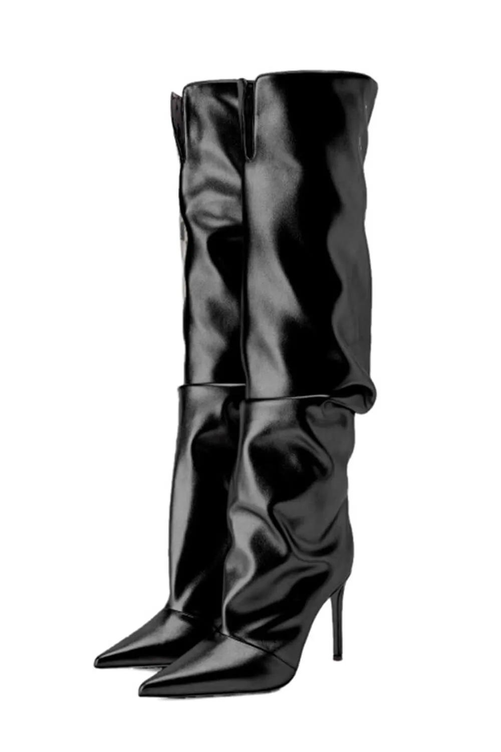 Faux Leather Pointed Toe Slouchy Knee High Stiletto Boots - Black sold by Floralkini