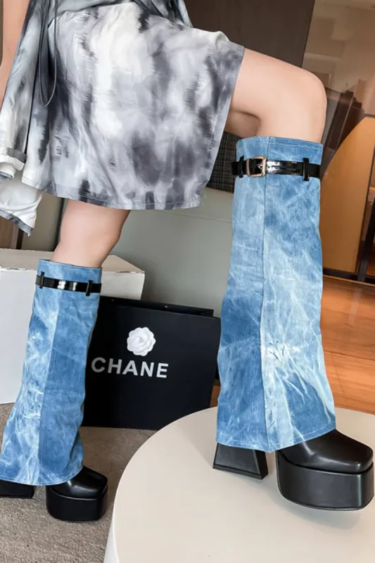 Denim Buckle Detail Fold Over Square Toe Chunky Platform Block Heel Knee High Boots sold by Floralkini
