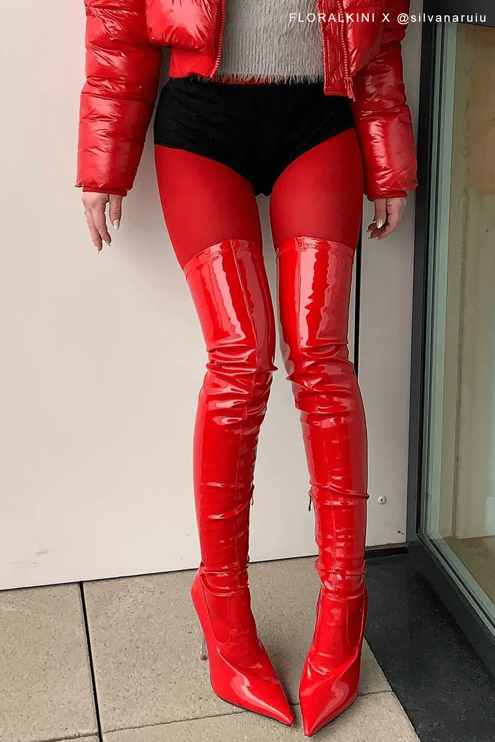 Patent Pointed Toe Thigh High Stiletto Boots - Red sold by Floralkini