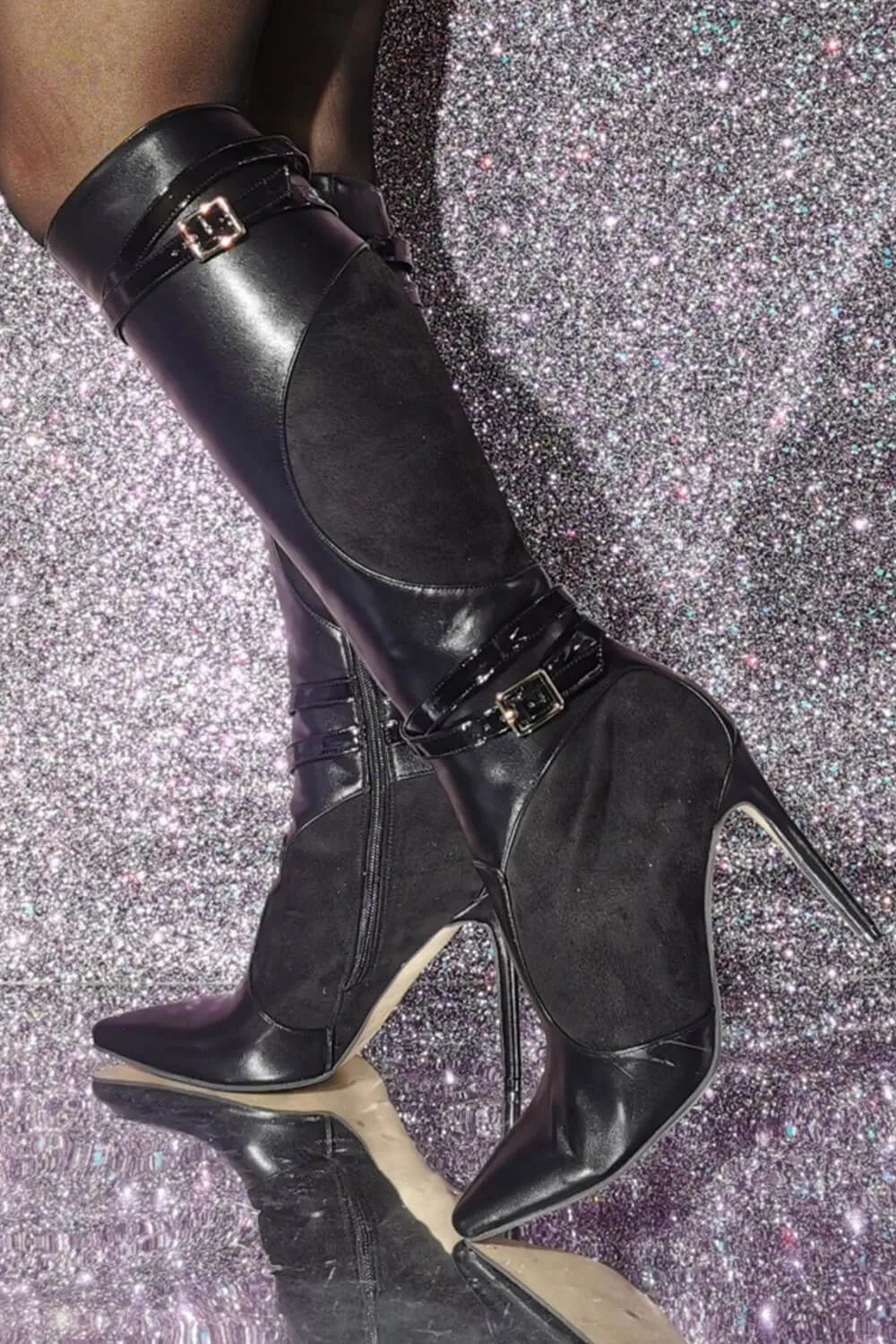 Buckle Detail Pointed Knee High Stiletto Heeled Boots sold by Floralkini