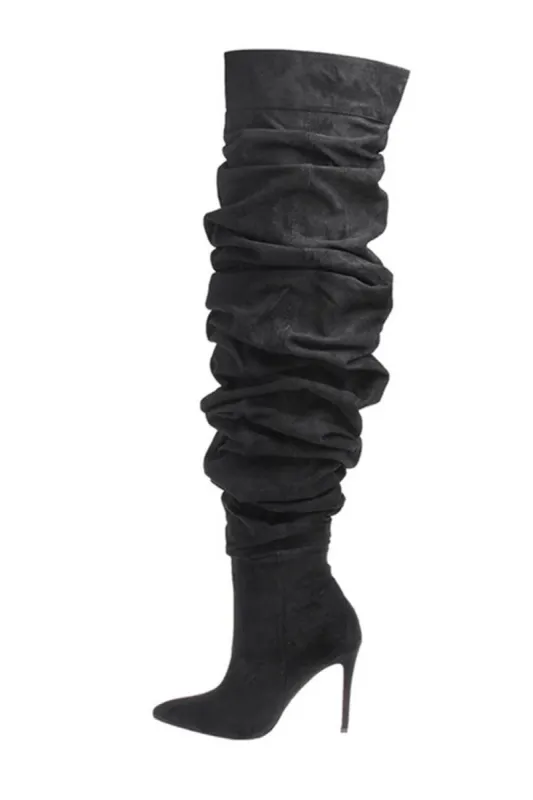 Denim Ruched Over-The-Knee Pointed Toe Stiletto Boots - Black sold by Floralkini