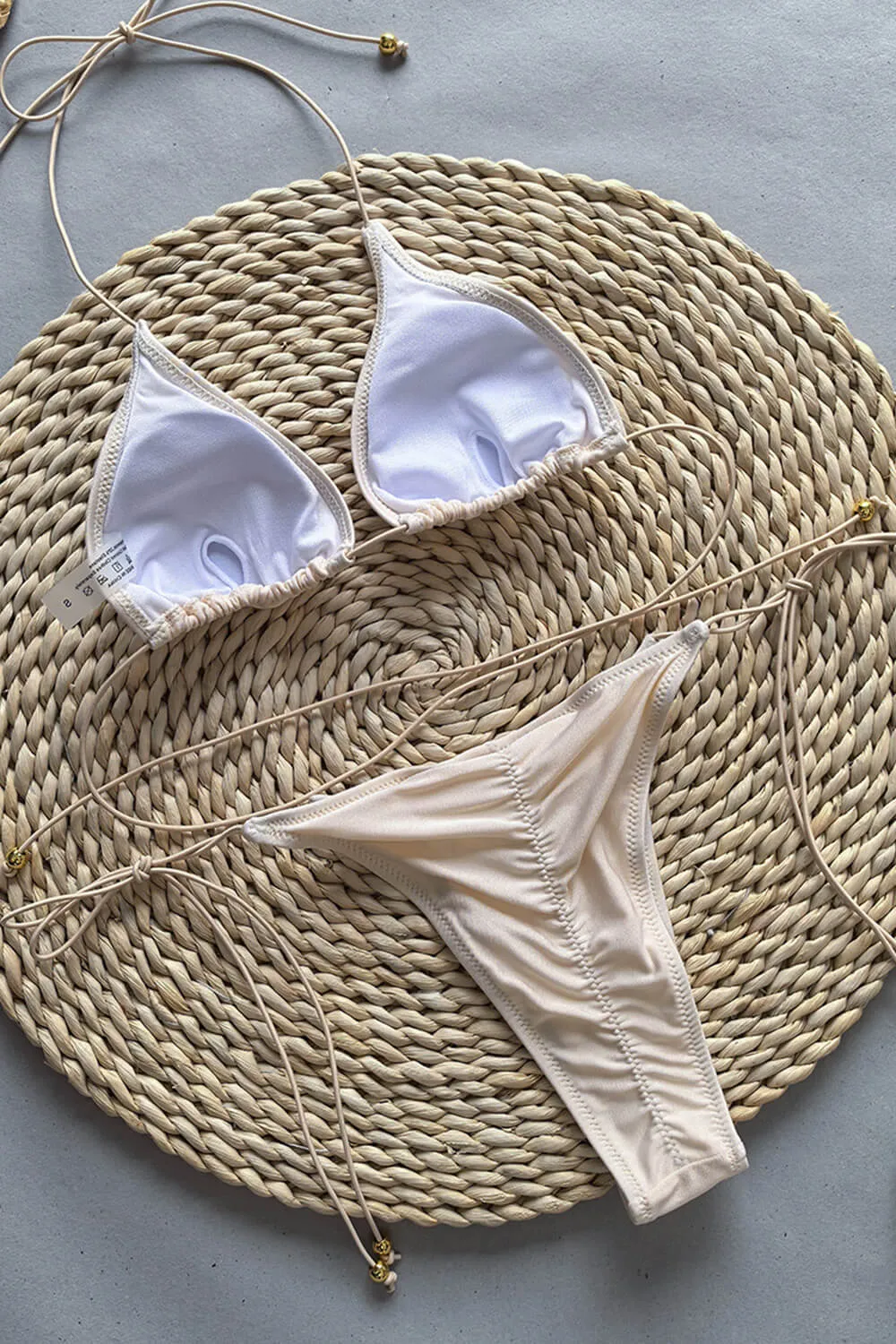 Triangle Halter Adjustable Tie High Cut Bikini Set - Beige sold by Floralkini product image thumbnail 5